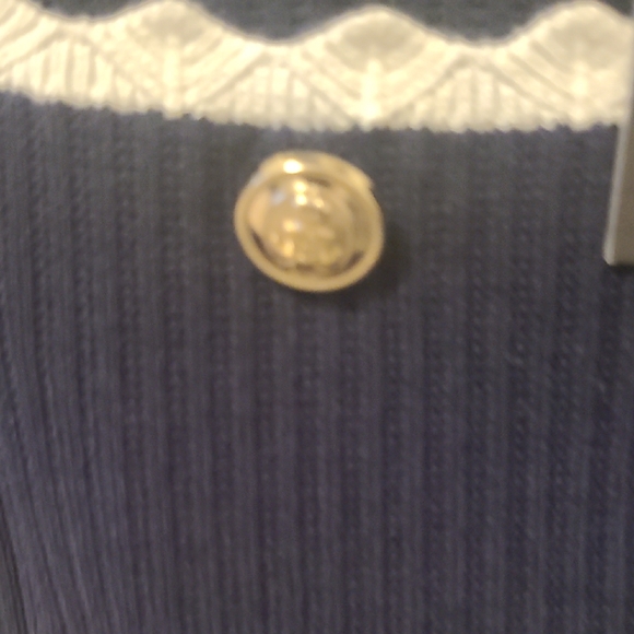Aleeza Paris Women's Navy Blazer with White Trim and Gold Buttons - Picture 3 of 6
